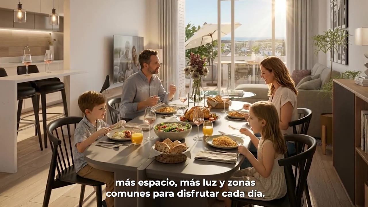 Familia disfrutando del salón de una vivienda de Edificio Miraluz